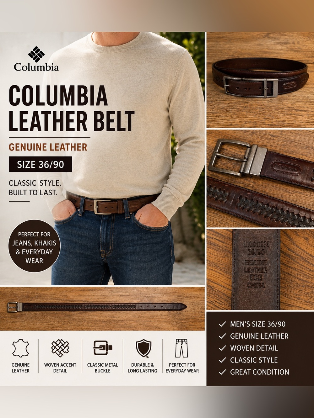 Columbia Men’s Genuine Leather Brown Woven Belt Size 36